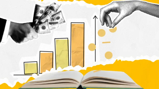 Clip art collage including cash and bar graphs, indicating funding and fees.